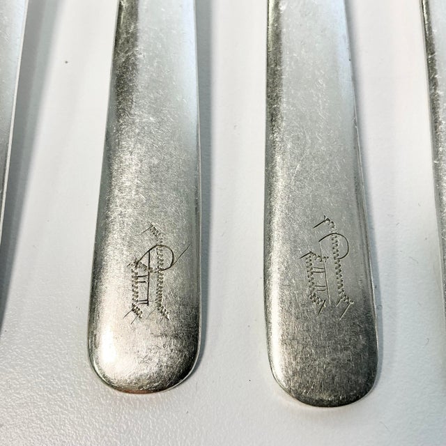 Mid 1800s Antique English Boho Chic Monogrammed Silver Plate Knives and Forks - Set of 70 For Sale - Image 13 of 17