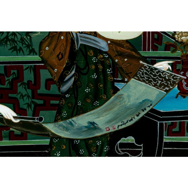 1960s Chinese Reverse Painted Glass of Court Ladies With Scroll, Framed, Circa 1950–1965 For Sale - Image 5 of 7