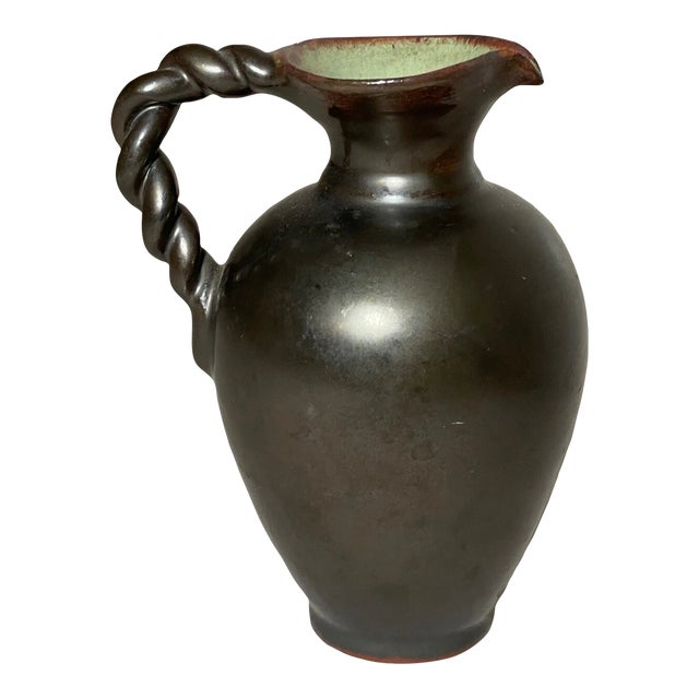 Antique 19th Century Bronze Glazed Terracotta Pottery Swirl Handle Mini Vase Jug For Sale