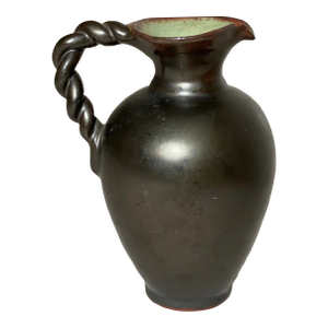 Antique 19th Century Bronze Glazed Terracotta Pottery Swirl Handle Mini Vase Jug