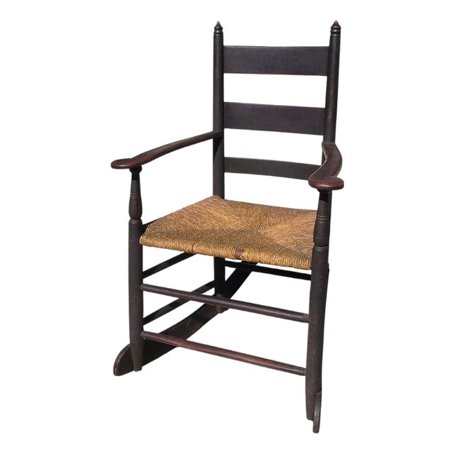 Early 19thc Original Brown Painted Ladder Back Rocking Chair For Sale