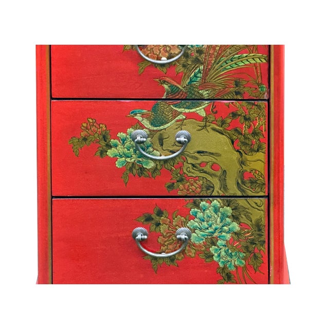 Wood Oriental Bright Red Golden Flower Bird Graphic Drawers Chest For Sale - Image 7 of 13