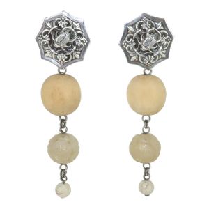 Stephen Dweck Drop Dangle Scarab Sterling, Wood & Stone Earrings, 1989, A Pair