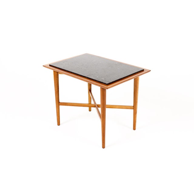 Stone Mid Century Vintage Side / End Tables — Designed attributed to Milo Baughman - Manufactured by Fine Art Furniture Co— Cherry Frame + Slate — Pair For Sale - Image 7 of 10