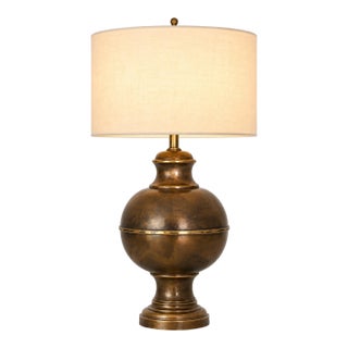 Grand Vintage Brass & Bronze Urn Table Lamp With Oversized White Linen Drum Shade For Sale