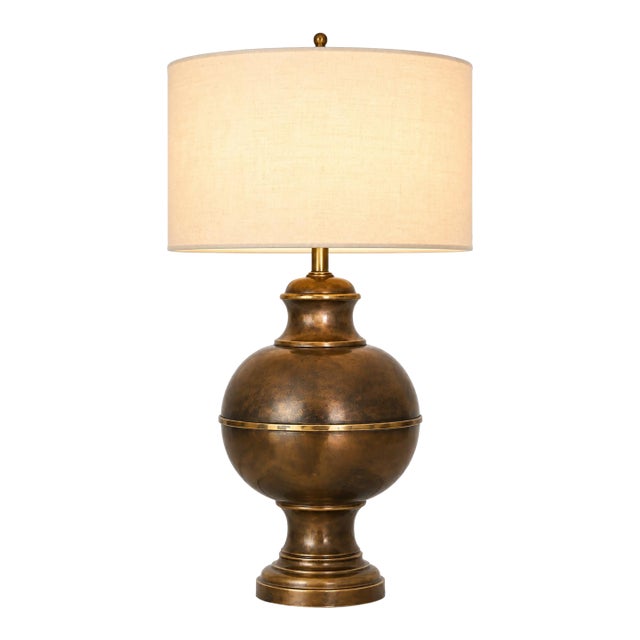 Grand Vintage Brass & Bronze Urn Table Lamp With Oversized White Linen Drum Shade For Sale