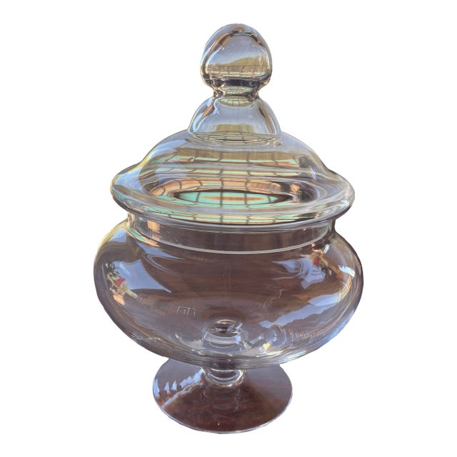 Mid Century Large Clear Glass Apothecary Jar With Lid - 14"h 10"d For Sale