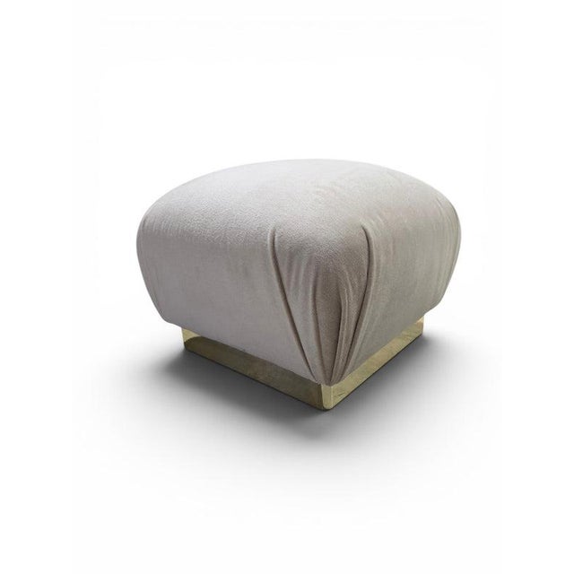 Mid Century Modern Attributed to Karl Springer Brass Base Pouf Ottoman Newly Reupholstered in Mohair Elegant mid-century...