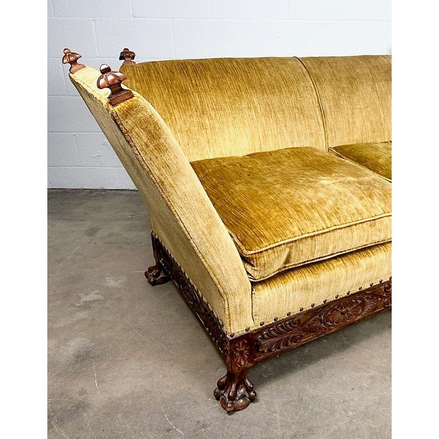 Antique Knole-Style Sofa, Hand-Carved Walnut, Silk Velvet, C. 1900 For Sale - Image 4 of 9