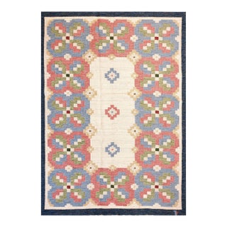 1960s Ivory Geometric Vintage Swedish Scandinavian Flat Weave Kilim Rug 5'9" X 8' by Judith Johansson Wool Carpet For Sale