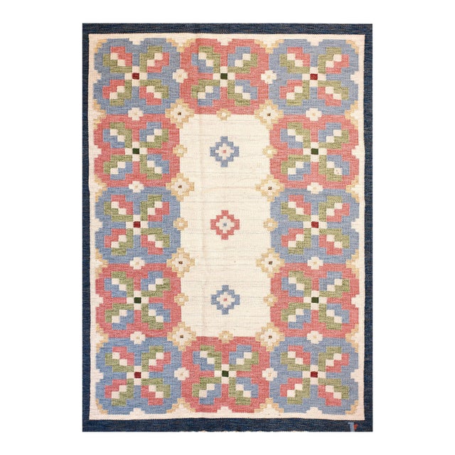 1960s Ivory Geometric Vintage Swedish Scandinavian Flat Weave Kilim Rug 5'9" X 8' by Judith Johansson Wool Carpet For Sale