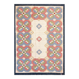 1960s Ivory Geometric Vintage Swedish Scandinavian Flat Weave Kilim Rug 5'9" X 8' by Judith Johansson Wool Carpet
