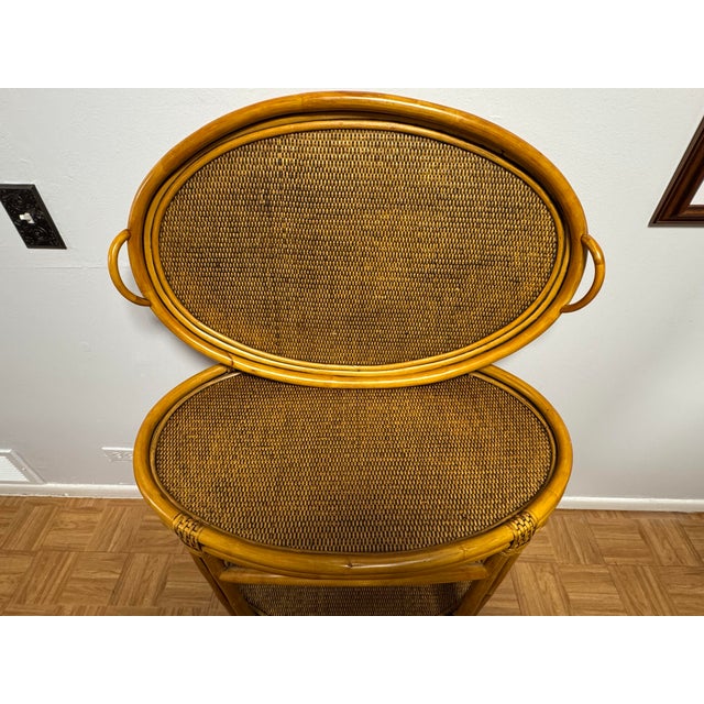 Vintage Rattan Bamboo Two-Tier Oval Serving Table With Removable Tray Top For Sale - Image 4 of 10