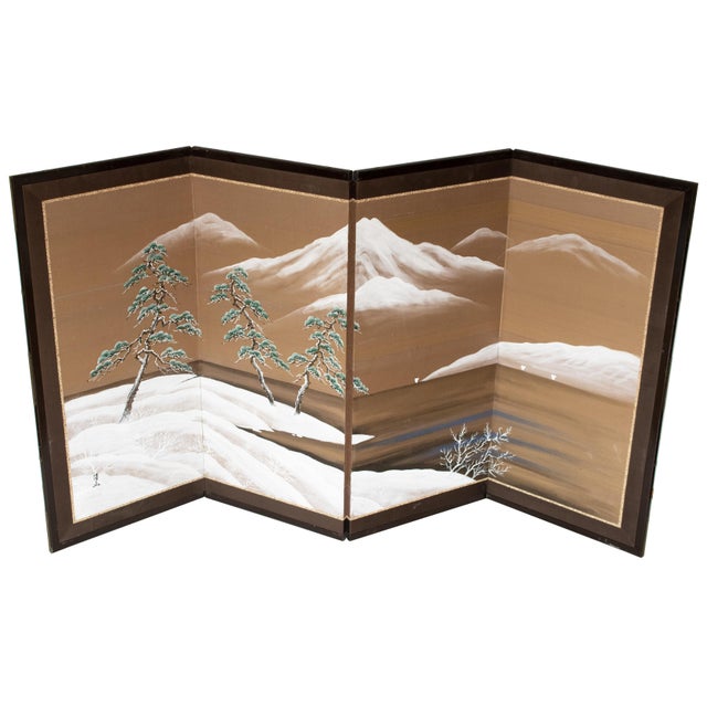 Elegant circa 1960s Shōwa Era 4-panel painted Japanese Byobu (folding screen) depicts a peaceful Mountain Landscape with...
