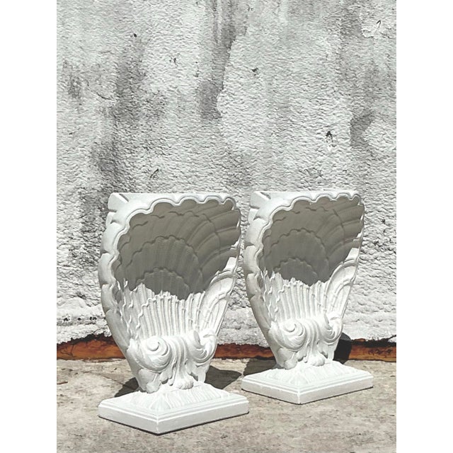 Vintage Coastal Cast Plaster Clam Shell Table Pedestals - Set of 2 For Sale - Image 4 of 10