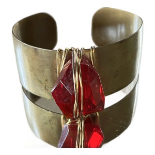 1990s Y2k Brass Cuff Bracelet With Red Jewel For Sale