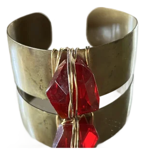 1990s Y2k Brass Cuff Bracelet With Red Jewel
