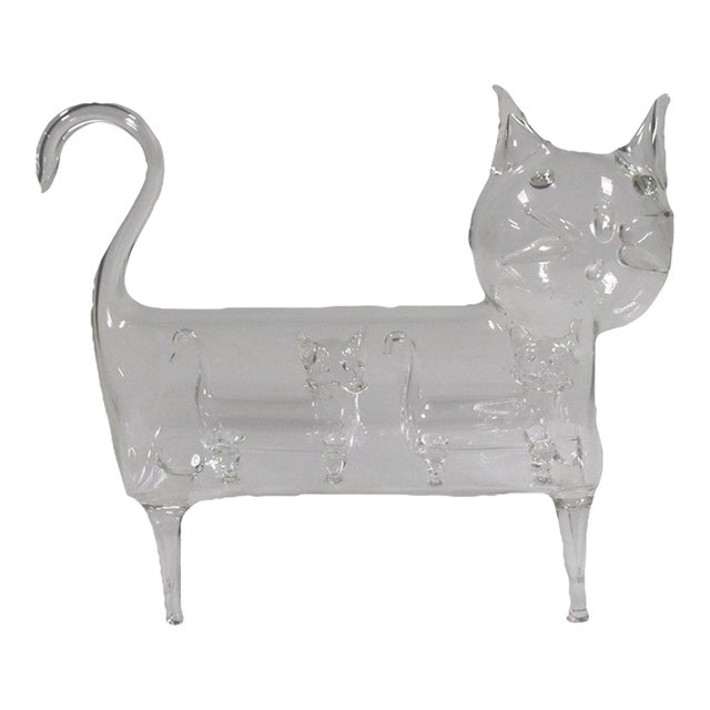 Mid-Century Vintage Hand Blown Art Glass Cat With 2 Kittens Inside Figurine For Sale