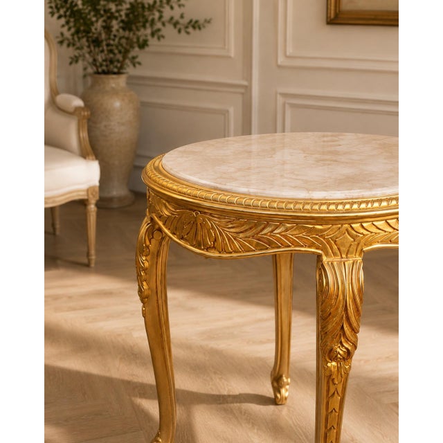 Wood 1970 Artisan Louis XVI Gold Beech Marble Side Table - 1 Pc For Sale - Image 7 of 8