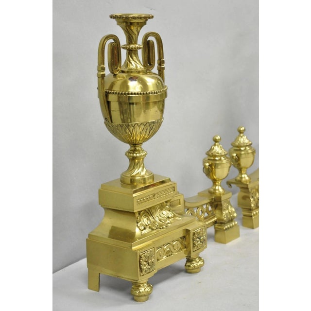 Vintage French Empire Style Gold Brass Urn Fireplace Chenet Andirons - A Pair For Sale - Image 13 of 16