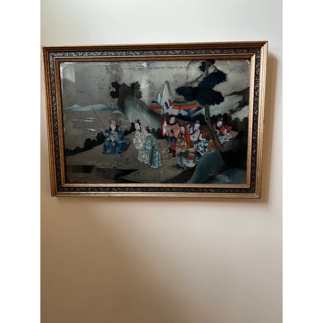 18th Century Chinese Reverse Figurative Landscape Panting on Glass, Framed For Sale - Image 10 of 11