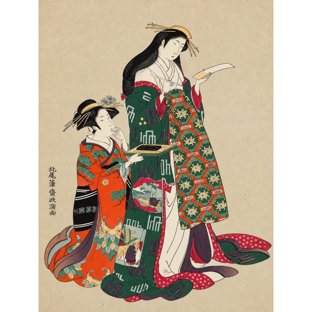 An elegant vintage Japanese print on silk depicting two beautifully dressed women in richly patterned traditional kimonos,...