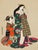 An elegant vintage Japanese print on silk depicting two beautifully dressed women in richly patterned traditional kimonos,...