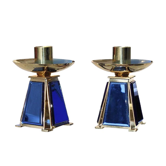Gold-Plated Brass & Mirrored Glass Candelabras In Bevelled Cobalt Blue, 1950s, Set of 2 For Sale