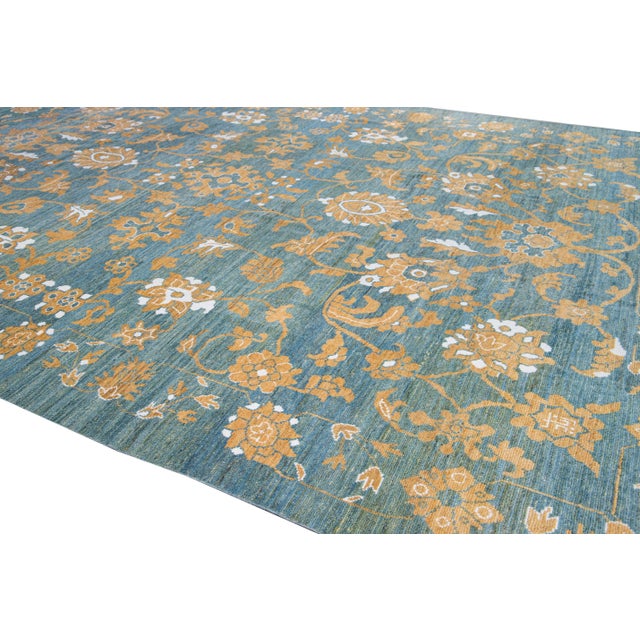 Textile Modern Oversize Oushak Blue Handmade Tribal Floral Wool Rug For Sale - Image 7 of 10