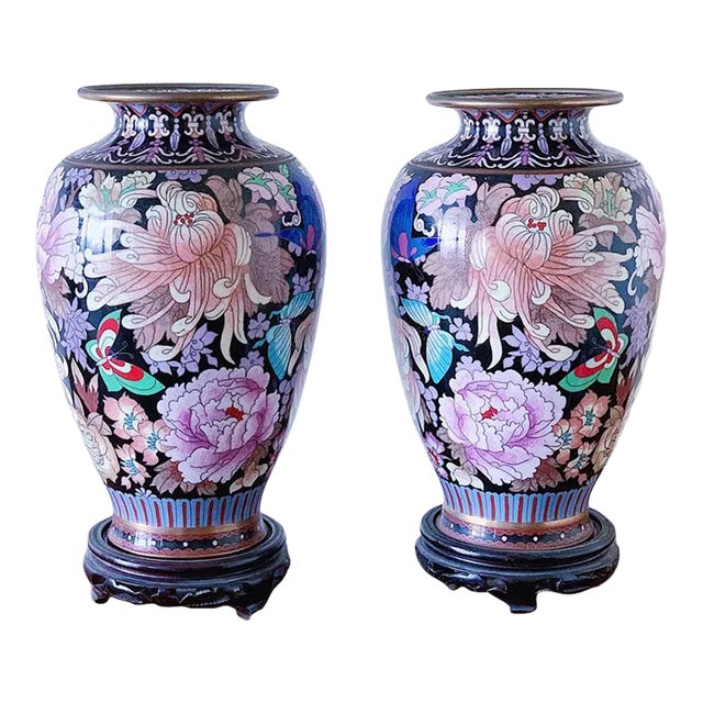 Late 19th Century Chinese Cloisonné Vase of Peonies and Butterflies on Black of Pink Blue Purple Enamel and Brass - a Pair For Sale