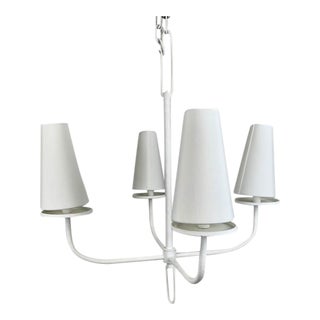 Hand Rolled White Chandelier With Custom White Shades For Sale