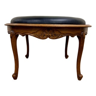 Vintage Louis XV Style Carved Walnut and Vinyl Ottoman or Stool For Sale