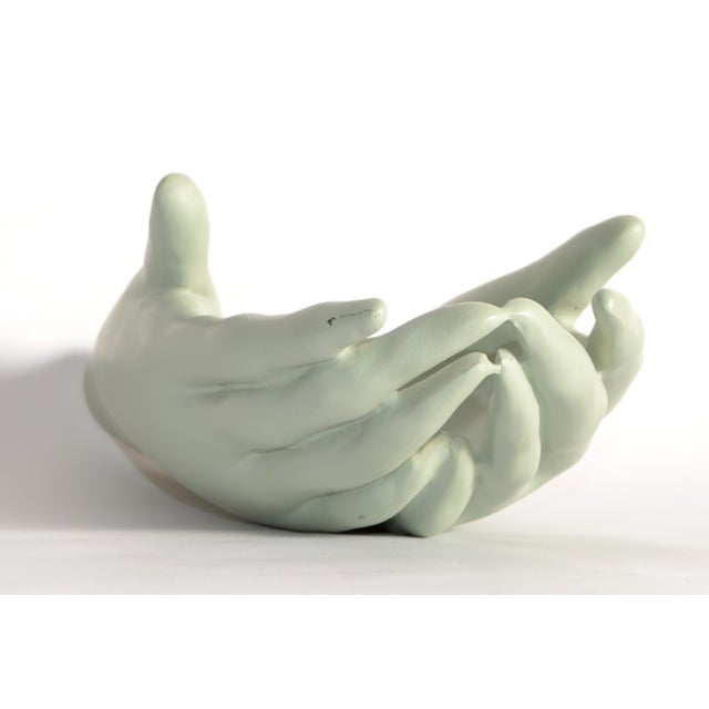 Atelier Fornasetti Vintage Ceramic Open Hands Sculpture Mounted Wall Art Mint Green Finish Pop Art For Sale - Image 4 of 15