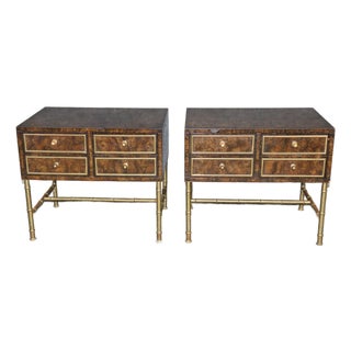 Pair of Regency Style Burl Wood & Brass Nightstands by Mastercraft For Sale