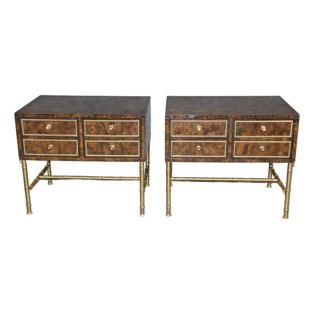 Pair of Regency Style Burl Wood & Brass Nightstands by Mastercraft For Sale