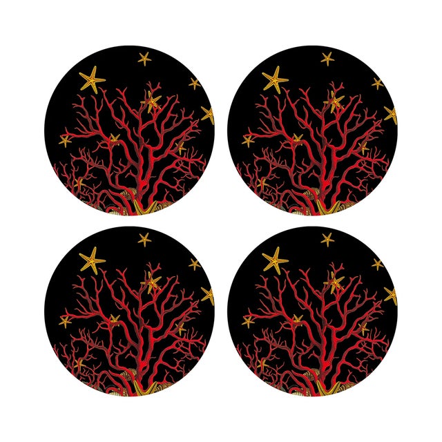 Coral Reef Vegan Leather Round Pebble Placemat, Black, Set of 4 For Sale - Image 4 of 5