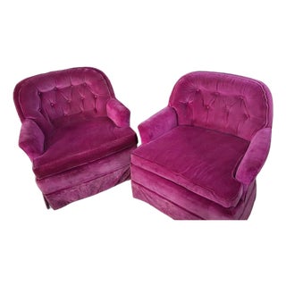 Pair of W. & J. Sloane Vintage MCM Fuschia Pink Velvet Swivel-Rocker Chairs For Sale
