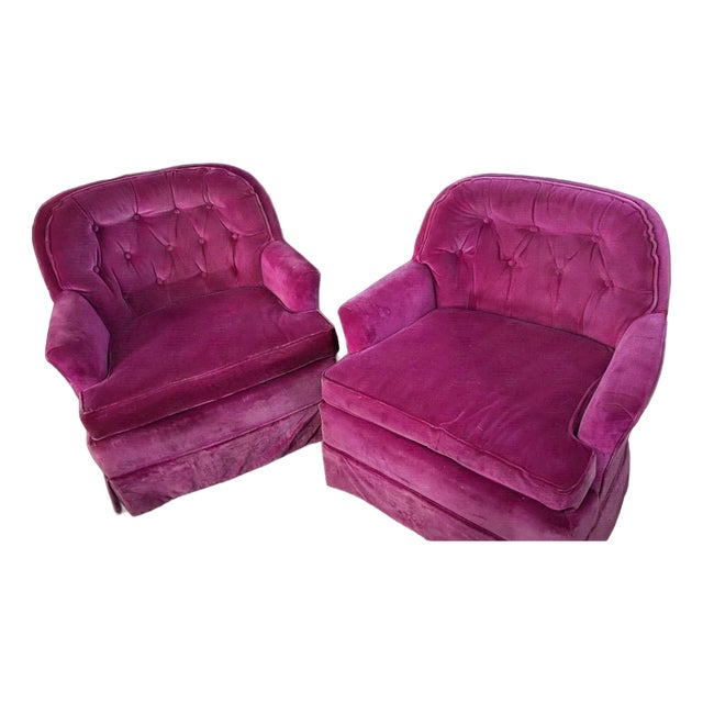 Pair of W. & J. Sloane Vintage MCM Fuschia Pink Velvet Swivel-Rocker Chairs For Sale