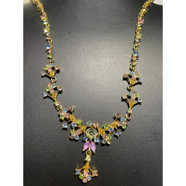 Coro MCM Jewelry by Ark. Necklace With Rhinestone Pastel Tones of Light Blue, Soft Pink, Peridot Green, Yellow, and Clear Crystals For Sale - Image 4 of 6