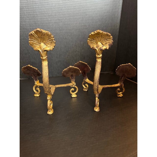 20th Century gilt wrought metal plate display stands, a pair. Hand made, heavy, and unique. Each features neoclassical...