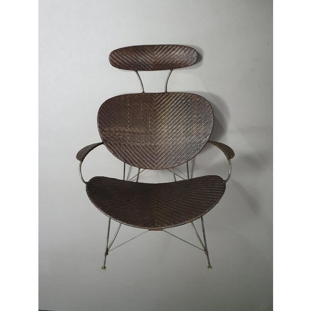 Wood Brown Rattan and Metal Lounge Chair by Yuzuru Yamakawa, 1980s For Sale - Image 7 of 11