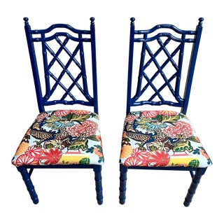 Vintage Chinoiserie Palm Beach Regency Blue Faux Bamboo Chippendale Side Accent Chairs With Floral and Dragon Fabric Newly Painted - A Pair For Sale