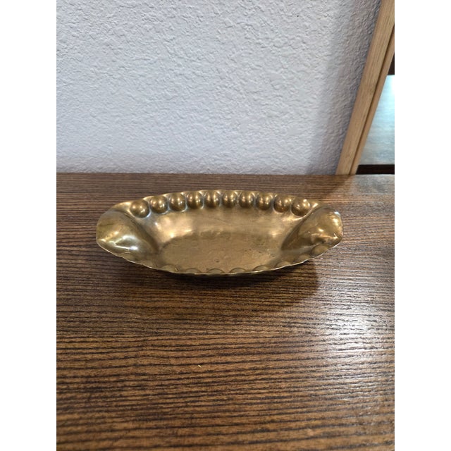 Vintage German Handarbeit Brass Oval Dish, Hammered Mid-Century Trinket Tray With Beaded Edge For Sale - Image 4 of 5