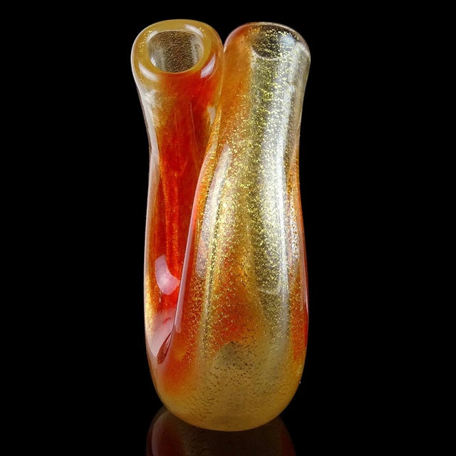 Seguso Murano Vintage Red Orange Gold Flecks Italian Art Glass Double Mouth Tube Flower Vase For Sale - Image 11 of 13