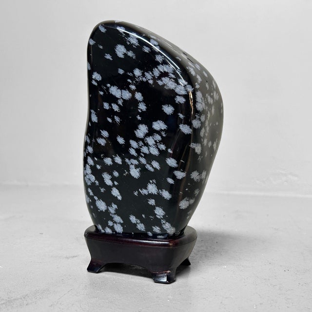 Japanese Obsidian Snowflake Suiseki with Wooden Display Stand, 1980s For Sale - Image 11 of 13