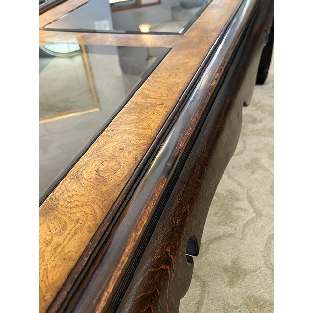 Wood Late 20th Century Postmodern Burlwood Ming-Style Coffee Table With Inset Smoked Glass For Sale - Image 7 of 10