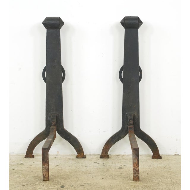 Metal Pair of Antique Arts & Crafts Wrought Iron Andirons For Sale - Image 7 of 8