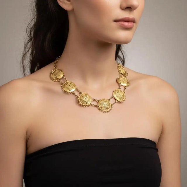 This authentic Italian vintage necklace captures the bold, architectural aesthetic of the 1970s through its use of...