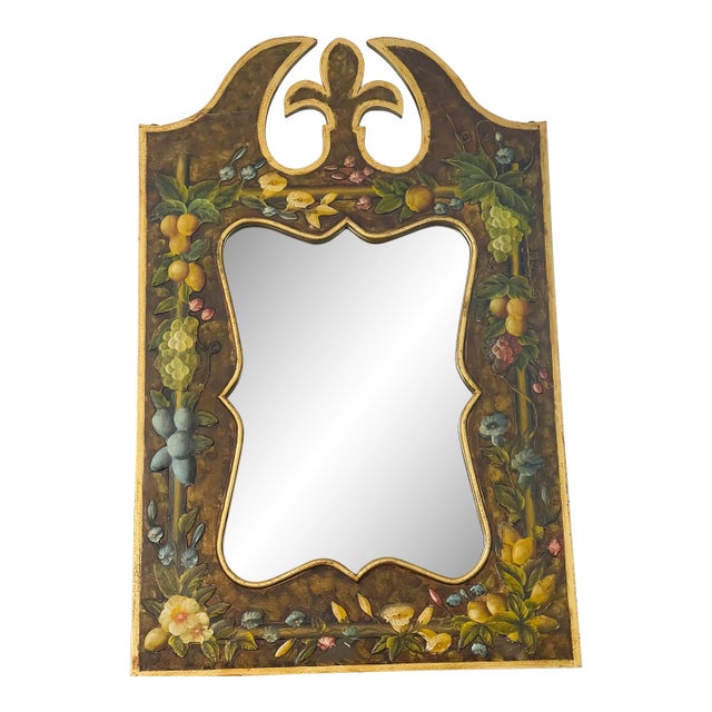 Gorgeous 20 Th C Italian Handpainted Mirror With Fleur De Lis Fruits Floweers For Sale
