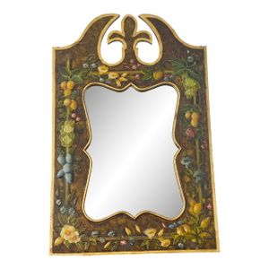 Gorgeous 20 Th C Italian Handpainted Mirror With Fleur De Lis Fruits Floweers